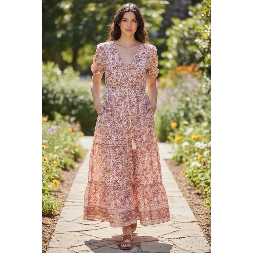 Faherty Sz M Orinda Earth Block Floral Print Button-Up Organic Cotton Maxi Dress